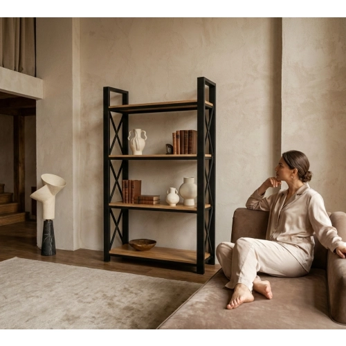 REGAŁ NA KSIĄŻKI METALOWY DREWNO LITE DĄB JESION OLCHA RNK-3